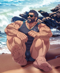 1boy ai-generated_background arm_hair bara barefoot beard blue_hair bulge chest_hair facial_hair feet fire_emblem fire_emblem_heroes full_beard gustav_(fire_emblem) hair_slicked_back large_pectorals leg_hair male_focus male_swimwear mature_male muscular muscular_male nintendo ocean outdoors paid_reward_available pectoral_cleavage pectorals ryans scar scar_on_face short_hair solo sunglasses swim_briefs tank_top variant_set veins veiny_arms