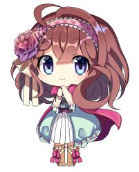 1girl ani_inako blue_dress blue_eyes boots brown_boots cape chibi chibi_only closed_mouth dame_x_prince dress flower footwear_ribbon full_body hairband highres lolita_hairband nanahi_tsubaki no_nose pink_cape pink_flower pink_hairband pink_ribbon ribbon simple_background solo white_background