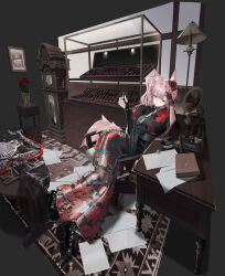 1girl absurdres alternate_costume animal_ears arknights asymmetrical_gloves black_gloves black_ribbon book bow_(weapon) calligraphy_brush carpet chair clock compound_bow desk display_case faux_figurine floral_print floral_print_kimono flower gloves grandfather_clock grey_background hand_on_own_head highres inkwell japanese_clothes kimono kimono_dress lamp long_hair long_sleeves mismatched_gloves myrtle_(arknights) neck_ribbon paintbrush phonograph picture_frame pink_eyes pink_hair pozyomka_(arknights) print_kimono red_flower red_rose ribbon rose sitting solo susukawa_(susucawa) table tail vase weapon wide_sleeves wolf_ears wolf_girl wolf_tail