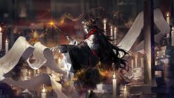 Rule 34 | animal ears, arknights, black hair, candle, curled horns, from side, highres, holding, holding wand, horns, indoors, jewelry, laurel crown, long hair, looking at viewer, male focus, multiple rings, musical note, official art, purple eyes, ring, sheep boy, sheep ears, sheep horns, wand, witch king (arknights)