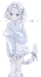 1girl apron bandaid bandaid_on_knee bandaid_on_leg bandaid_on_thigh blue_eyes blue_hairband blue_jacket blue_ribbon blunt_bangs cat_tail closed_mouth cut-here_line dot_mouth feet_out_of_frame frilled_apron frilled_hairband frills hair_ribbon hairband highres holding holding_scissors jacket jersey_maid leg_warmers long_sleeves looking_at_viewer maid no_nose original ribbon ribbon-trimmed_apron ribbon_trim rin_awashina scissors short_hair simple_background solo tail tail_ornament tail_ribbon teardrop tearing_up twintails unconventional_maid white_apron white_background white_leg_warmers