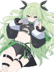 Rule 34 | 1girl, absurdres, black shorts, breasts, burumanoeat, clothing cutout, commentary request, crop top, detached sleeves, fishnet cutout, fishnet thighhighs, fishnets, green eyes, green hair, headphones, headphones around neck, highres, honkai (series), honkai impact 3rd, long hair, mobius (honkai impact), mobius (razer) (honkai impact), navel, official alternate costume, short shorts, shorts, single thighhigh, slit pupils, small breasts, solo, stomach, thigh strap, thighhighs, thighs, twintails, underboob cutout, very long hair