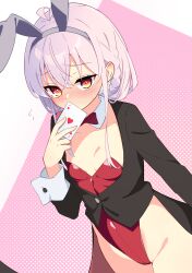 1girl absurdres ace_(playing_card) ace_of_hearts ahoge animal_ear_hairband animal_ears bare_legs black_jacket bow bowtie braid breasts card covering_own_mouth detached_collar fake_animal_ears hairband heart highres jacket kotoyose_fumino leotard looking_at_viewer nukigee_mitai_na_shima_ni_sunderu_watashi_wa_dou_surya_ii_desu_ka? playboy_bunny playing_card purple_hair rabbit_ears red_bow red_bowtie red_eyes red_leotard short_hair side_braid single_braid small_breasts solo strapless strapless_leotard tailcoat_playboy_bunny user_vvxu5343 wrist_cuffs