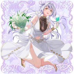 Rule 34 | 1girl, absurdres, armpit crease, bare legs, bare shoulders, border, bouquet, breasts, bun with braided base, clothing cutout, commentary request, cone hair bun, covered collarbone, cuffs, cup, detached sleeves, dress, drinking glass, eyelashes, floating clothes, flower, flower request, full body, gold shoes, hair bun, hair intakes, hand up, high heels, highres, hiyoku no crosspiece, holding, holding bouquet, holding cup, jewelry, knees together feet apart, kohaku yuri, large breasts, lips, long hair, looking at viewer, medium dress, multicolored hair, nail polish, nanashi inc., navel, navel cutout, necklace, open mouth, ornate border, pearl necklace, purple border, purple hair, purple nails, sankyo (821-scoville), see-through cleavage, see-through clothes, shoes, short sleeves, side slit, sleeveless, sleeveless dress, solo, streaked hair, two-tone hair, variant set, very long hair, virtual youtuber, white dress, white flower, white hair, white sleeves, wine glass, yellow eyes