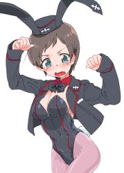 Rule 34 | 1girl, animal ears, black bow, black bowtie, black leotard, blue eyes, blush, bow, bowtie, breasts, brown hair, cleavage, covered navel, embarrassed, fake animal ears, fake tail, girls und panzer, highres, kojima emi, kuromorimine military uniform, large breasts, leotard, looking at viewer, military uniform, monolith (suibou souko), open mouth, pantyhose, paw pose, playboy bunny, purple pantyhose, rabbit ears, rabbit tail, short hair, solo, tail