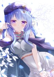 1girl bare_shoulders beret blue_hair braid breasts commission hand_in_own_hair hat iris_mysteria! jewelry looking_at_viewer medium_breasts necklace olivie_cromwright purple_eyes shizuki_ayame skeb_commission smile white_background