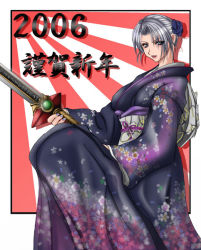 00s 1041_(toshikazu) 1girl 2006 blue_eyes female_focus flower grey_hair hair_flower hair_ornament isabella_valentine japanese_clothes looking_at_viewer solo soul_calibur sword weapon