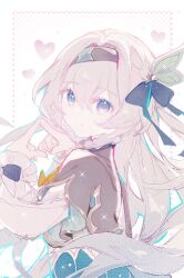 1girl absurdres black_capelet black_hair black_hairband border capelet chinese_commentary commentary_request dotted_line firefly_(honkai:_star_rail) green_skirt grey_hair hairband heart highres honkai:_star_rail honkai_(series) long_hair long_sleeves looking_at_viewer looking_back purple_eyes qianqianjie revision shirt simple_background skirt smile solo steepled_fingers upper_body white_shirt