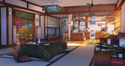 3d absurdres highres indoors kitchen kotatsu no_humans original scenery sitai_xiii sun table tarot the_sun_(tarot) traditional_media window