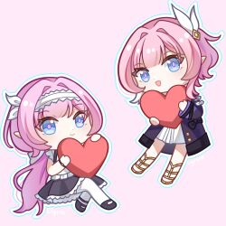 Rule 34 | 2girls, blue eyes, blue skirt, chinese commentary, coat, color connection, commentary request, company connection, cyrene (honkai: star rail), dress, elf, elysia (honkai impact), hair color connection, hair ornament, hairband, heart, highres, holding, holding heart, honkai: star rail, honkai (series), honkai impact 3rd, inoue marina, izumi (lofter 41635481026), long hair, looking at viewer, medium hair, multicolored hair, multiple girls, official alternate costume, open mouth, pink background, pink hair, pointy ears, purple coat, shirt, simple background, skirt, smile, two-tone hair, voice actor connection, white dress, white hair, white hairband, white shirt, yanning