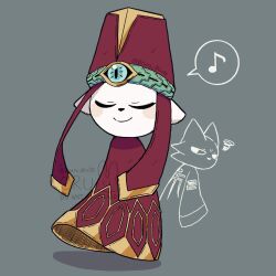 2boys artist_name cat_boy chinese_clothes closed_eyes closed_mouth furry furry_male grey_background hashtag-only_commentary hat highres ji_(nine_sols) looking_back male_focus multiple_boys musical_note nine_sols oru_(0ruru_0ru95) red_hat simple_background smile spoken_musical_note squiggle twitter_username watermark wide_sleeves yi_(nine_sols)