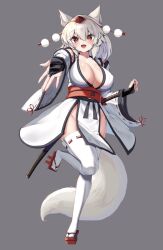 1girl animal_ears black_bridal_gauntlets black_ribbon breasts bridal_gauntlets closed_mouth commentary_request detached_sleeves full_body geta grey_background hat highres holding holding_sword holding_weapon inubashiri_momiji japanese_clothes kimono kourindou_tengu_costume large_breasts long_sleeves medium_hair onomiya pelvic_curtain pom_pom_(clothes) red_eyes red_footwear red_hat red_ribbon red_sash ribbon ribbon-trimmed_sleeves ribbon-trimmed_thighhighs ribbon_trim sash simple_background solo sword tail tengu-geta thighhighs tokin_hat touhou weapon white_hair white_kimono white_tail white_thighhighs wide_sleeves wolf_ears wolf_tail