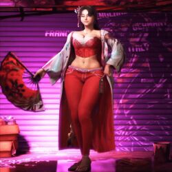1girl 3d animal_print animated animated_gif brown_hair bustier butterfly_print fatal_fury female_focus folding_fan game_screenshot hair_down hair_ornament hand_fan haori holding holding_fan japanese_clothes official_alternate_costume official_alternate_hairstyle pants red_bustier red_pants sandals shiranui_mai smile snk solo street_fighter street_fighter_6