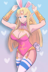 1girl animal_ears blonde_hair blue_eyes bow bowtie breasts detached_collar earrings fake_animal_ears fake_tail female garter_straps jewelry large_breasts leotard long_hair looking_at_viewer nintendo omiza_somi pink_leotard playboy_bunny princess_zelda rabbit_ears rabbit_tail tail the_legend_of_zelda the_legend_of_zelda:_a_link_between_worlds thighhighs triforce triforce_earrings vambraces zelda_(a_link_between_worlds)