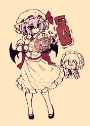 2girls absurdres ascot bat_wings bow braid dress explosive floating frilled_dress frills gameplay_mechanics gravity_gun hair_bow half-life_(series) hat hat_ribbon highres holding izayoi_sakuya maid maid_headdress mob_cap multiple_girls o_o puffy_sleeves purple_hair rampa93 red_eyes remilia_scarlet ribbon short_hair simple_background touhou twin_braids wings wrist_cuffs yellow_background