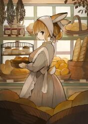 1girl :| absurdres animal_ears animal_hands apron baguette bakery basket black_eyes bowl bread breasts closed_mouth clothing_cutout commentary dress english_commentary food from_side grey_dress hair_bun headscarf highres holding holding_basket indoors jam long_sleeves looking_at_viewer looking_to_the_side medium_breasts mixed-language_commentary muffin no_sclera original pinstripe_dress pinstripe_pattern profile rabbit rabbit_ears rabbit_tail revision romaji_commentary sakutake_(ue3sayu) shelf shop short_hair sideways_glance solid_eyes solo standing tail tail_through_clothes white_apron