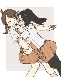 Rule 34 | 2girls, black hair, braid, brown hair, closed eyes, collared shirt, creatures (company), game freak, green hair, han0579, hug, juliana (pokemon), multicolored hair, multiple girls, naranja academy school uniform, necktie, nemona (pokemon), nintendo, open mouth, orange necktie, orange shorts, pantyhose, pokemon, pokemon sv, ponytail, school uniform, shirt, short sleeves, shorts, single braid, two-tone hair, white shirt, yuri