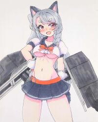 1girl absurdres animal_ears azur_lane belt black_skirt blush bow braid breasts crop_top crop_top_overhang cuffs dog_ears fang grey_hair highres long_hair looking_at_viewer marker_(medium) mechanical_ears medium_breasts miniskirt navel oppai_loli pleated_skirt puffy_sleeves red_belt red_bow red_eyes school_uniform serafuku shiminy ship_turret short_eyebrows short_sleeves side_braid simple_background skin_fang skirt solo tail thick_eyebrows traditional_media underboob white_background wolf_ears wolf_girl wolf_tail yuudachi_(azur_lane)