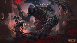 Rule 34 | 1boy, 1other, absurdres, beak, bird, bird monster, black feathers, black hood, building, cart, claws, crow, english text, feathers, hades (crow of torment) (smite), hades (smite), highres, holding, holding staff, horror (theme), logo, looking at viewer, monster, official alternate costume, official art, red eyes, smite, solid eyes, staff