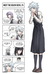 4girls black_dress black_hair black_ribbon blue_eyes blue_hair chainsaw_man collared_shirt commentary death_devil_(chainsaw_man) double_middle_finger dress english_commentary english_text facial_scar fami_(chainsaw_man) fourth_east_high_school_uniform halo highres long_hair messy_hair middle_finger multiple_girls nayuta_(chainsaw_man) neck_ribbon pinafore_dress purple_eyes purple_hair ribbon ringed_eyes rinneko_art scar scar_on_cheek scar_on_face scar_on_nose school_uniform shirt sleeveless sleeveless_dress speech_bubble white_shirt yellow_eyes yellow_halo yoru_(chainsaw_man)