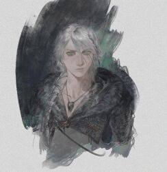 1girl braid ciri collarbone cropped_torso fur_trim green_eyes grey_hair jewelry long_hair looking_at_viewer naux pendant side_braid signature single_braid slit_pupils solo swept_bangs the_witcher_(series) the_witcher_4 upper_body white_background