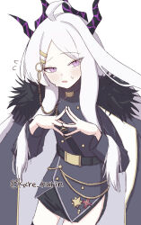 Rule 34 | 1girl, ahoge, armband, black coat, blue archive, breasts, coat, coat on shoulders, demon girl, demon horns, highres, hina (blue archive), horns, karehurin, long hair, looking at viewer, own hands clasped, own hands together, purple eyes, red armband, simple background, skirt, small breasts, solo, very long hair, white background, white hair