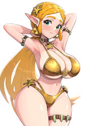 1girl absurdres alternate_costume armpits arms_up bikini blonde_hair blush breasts choker earrings gold_bikini gonzarez highres jewelry large_breasts long_hair looking_at_viewer nintendo pointy_ears ponytail princess_zelda solo swimsuit the_legend_of_zelda the_legend_of_zelda:_breath_of_the_wild thick_eyebrows thick_thighs thigh_strap thighs wide_hips