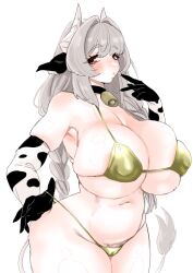 1girl animal_ears animal_print areola_slip bikini bikini_pull blush braid breasts choker cleavage clothes_pull cow_ears cow_girl cow_print cow_print_gloves cow_tail cowbell elbow_gloves female_pubic_hair finger_to_mouth gloves gold_bikini grey_hair hair_intakes horns huge_breasts lips long_hair mu_(muuu0o0) navel neck_bell original print_gloves pubic_hair pubic_hair_peek red_eyes skindentation solo standing swimsuit tail twin_braids white_background