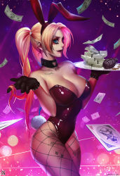 Rule 34 | 1girl, animal ears, bare shoulders, batman (series), blue eyes, breasts, bullet, card, choker, cleavage, clothing cutout, clubs, dc comics, diamond (shape), explosive, fake animal ears, female focus, fishnet pantyhose, fishnets, gloves, grenade, hair ornament, harley quinn, heart, heart cutout, jewelry, joker (playing card), large breasts, leotard, lipstick, long hair, looking at viewer, makeup, money, multicolored hair, necklace, pale skin, pantyhose, pink hair, playboy bunny, playing card, playing with own hair, rabbit ears, rabbit tail, shiny clothes, signature, skull hair ornament, solo, suicide squad, tail, tattoo, the joker, tray, twintails, watermark, xiaoguimist