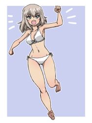 Rule 34 | 1girl, barefoot, bikini, blue eyes, breasts, collarbone, girls und panzer, grey hair, itsumi erika, medium hair, navel, open mouth, purple background, running, side-tie bikini bottom, simple background, smile, swimsuit, takahashi kurage, white bikini