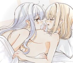 2girls bang_dream! bang_dream!_it&#039;s_mygo!!!!! bite_mark bite_mark_on_shoulder blonde_hair blue_hair blush breasts ccc_cloudy closed_eyes closed_mouth commentary_request head_on_chest hickey highres large_breasts long_hair looking_at_another medium_hair misumi_uika multiple_girls nude open_mouth squeans togawa_sakiko under_covers yawning yellow_eyes yuri