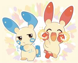 :d ^_^ animal_ears animal_focus closed_eyes commentary_request crossed_arms electricity fukurai_hanano full_body gen_3_pokemon happy jitome jumping minun nintendo no_humans open_mouth plusle pokemon pokemon_(creature) rabbit_ears smile standing tail
