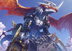 Rule 34 | 00s, armor, belt, bird, birdramon, broken, buckle, castle, claws, cloud, damaged, day, digimon, digimon (creature), digimon adventure 02, dragon, gradient background, highres, horns, imperialdramon, imperialdramon dragon mode, md5 mismatch, monster, no humans, red eyes, ruins, saberdramon, sasasi, scales, sharp teeth, short hair, sky, spikes, stairs, tail, teeth, torn wings, white hair, wings