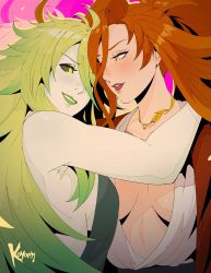 2girls azeyma barbariccia breasts colored_sclera commentary english_commentary final_fantasy final_fantasy_xiv green_eyes green_hair green_sclera hair_between_eyes high_ponytail highres koyorin large_breasts lips long_hair looking_at_another multiple_girls orange_hair ponytail yellow_eyes