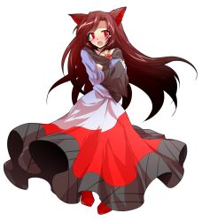 1girl alphes_(style) animal_ears blush breasts brooch brown_hair collarbone commentary_request covering_breasts covering_privates crossed_arms dairi defeat dress full_body imaizumi_kagerou jewelry large_variant_set long_hair looking_at_viewer medium_breasts open_mouth parody red_eyes red_shoes shoes solo standing straight-on style_parody tachi-e tearing_up touhou transparent_background variant_set very_long_hair wolf_ears wolf_girl