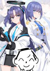 1boy 2girls absurdres aoi_(blue_archive) black_skirt blue_archive blue_eyes blue_halo blue_necktie blush breasts closed_mouth collared_shirt doodle_sensei_(blue_archive) dress formal_clothes gloves halo highres isocha jacket large_breasts long_hair long_sleeves mechanical_halo multiple_girls necktie open_mouth pleated_skirt pointy_ears purple_eyes purple_hair sensei_(blue_archive) shirt short_hair skirt suit two-sided_fabric two-sided_jacket two_side_up white_dress white_gloves white_jacket white_shirt yuuka_(blue_archive)