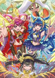 4girls absurdres animal_ears arahime_the_manifested_mikanko black_hair black_shorts blonde_hair blue_eyes blue_hair blue_nails blush bridal_gauntlets cat_ears cat_girl closed_eyes closed_mouth covering_own_mouth crop_top crying crying_with_eyes_open detached_sleeves double_bun duel_monster fox_ears fox_girl fox_tail hair_bun hairband highres holding_hands hu-li_the_jewel_mikanko japanese_clothes long_hair long_sleeves looking_at_viewer mouse_ears mouse_girl multiple_girls navel ni-ni_the_mirror_mikanko nontraditional_miko noppe o-ring o-ring_thigh_strap official_alternate_costume official_alternate_hairstyle ohime_the_manifested_mikanko open_mouth red_eyes red_hair red_nails shorts smile stomach tail tears thigh_strap uzuhime_the_manifested_mikanko very_long_hair wide_sleeves yellow_eyes yellow_hairband yu-gi-oh!