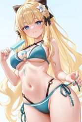 1girl absurdres aqua_bikini bikini black_bow blonde_hair blue_eyes blue_nails blush bow breasts cleavage commentary_request elf fanteam fingernails food hair_bow highleg highres holding holding_food holding_popsicle large_breasts long_hair looking_at_viewer melting nail_polish navel o-ring o-ring_bottom official_alternate_costume official_alternate_hairstyle partial_commentary pointy_ears ponytail popsicle princess_connect! revision saren_(princess_connect!) saren_(summer)_(princess_connect!) side-tie_bikini_bottom simple_background smile solo stomach sweat swimsuit underboob white_background