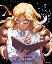 1girl blonde_hair blush book braid closed_mouth collared_shirt feathers female_focus glasses hair_ribbon highres kapxapius long_sleeves looking_at_viewer po_bidau_tiara ribbon shirt smile solo tower_of_god twin_braids white_shirt writing yellow_eyes