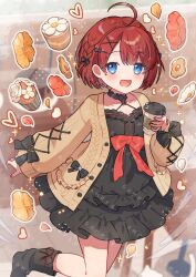 1girl :d ahoge black_boots black_bow black_choker black_dress black_ribbon blue_eyes blush boots bow brown_cardigan cardigan chest_bow choker collarbone commentary commission cowboy_shot cup cupcake disposable_coffee_cup disposable_cup dress fang flower flower_facial_mark food frilled_choker frills hair_ornament hair_ribbon hairclip hanasaki_kureha holding holding_cup indie_virtual_youtuber long_sleeves looking_at_viewer open_cardigan open_clothes open_mouth red_bow red_hair ribbon sample_watermark short_hair skeb_commission skin_fang sleeve_bow smile solo symbol-only_commentary tsukumi_bis virtual_youtuber watermark x_hair_ornament