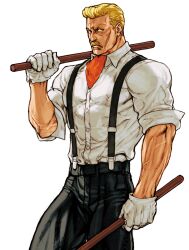 blonde_hair capcom capcom_vs_snk_2 collared_shirt dual_wielding eagle_(street_fighter) facial_hair game_cg gloves highres holding holding_weapon looking_to_the_side mustache nishimura_kinu non-web_source official_art over_shoulder scar scar_on_face shirt short_hair simple_background sleeves_rolled_up solo stick suspenders veins veiny_arms weapon white_gloves white_shirt