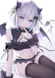 1girl 3: alternate_costume bare_shoulders bikini black_bikini black_nails blue_eyes breasts brown_thighhighs closed_mouth colored_inner_hair demon_girl demon_horns demon_tail demon_wings hand_up heart heart-shaped_pupils highres horns kaga_sumire looking_at_viewer medium_hair midriff mole mole_under_eye multicolored_hair nail_polish navel simple_background small_breasts solo string_bikini swimsuit symbol-shaped_pupils tail thighhighs toki_(toki_ship8) virtual_youtuber vspo! white_background white_hair wings wrist_cuffs