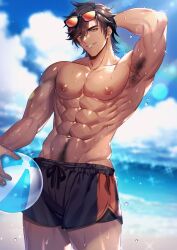 1boy abs absurdres armpit_hair armpits ball beach beachball brown_hair chiharudaaaaaaa eyewear_on_head highres indie_virtual_youtuber kite_hasegawa male_focus male_swimwear muscular muscular_male pubic_hair yellow_eyes