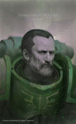 1boy absurdres armor beard black_hair breastplate closed_mouth company_name copyright_logo copyright_notice cover cover_page dark_angels facial_hair gorget green_armor green_theme grey_eyes highres insignia leszek_wozniak looking_at_viewer luther_(warhammer_40k) pauldrons scar scar_on_face scar_on_forehead scar_on_nose short_hair shoulder_armor sparks title title_page warhammer_40k widow&#039;s_peak