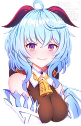 1girl ahoge artist_name bare_shoulders bell blue_hair blush bodystocking breasts chinese_commentary commentary cowbell detached_sleeves emunoko_ch ganyu_(genshin_impact) genshin_impact goat_horns hair_between_eyes highres horns long_hair looking_at_viewer medium_breasts neck_bell purple_eyes sidelocks simple_background smile solo upper_body watermark white_background white_sleeves