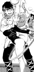 Rule 34 | 1boy, 2girls, ass, athletic leotard, ball, braid, braided ponytail, breasts, feet out of frame, greyscale, headband, hibiki ryouga, highleg, highleg leotard, highres, ireading, juggling club, leotard, long hair, medium breasts, monochrome, mouth hold, multiple girls, ranma-chan, ranma 1/2, short hair, single braid, split, standing, standing on one leg, standing split, tendou kasumi