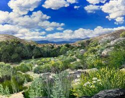blue_sky bush california cloud cloudy_sky commentary day english_commentary grass highres kate_avery mountainous_horizon nature no_humans original outdoors real_world_location scenery sky