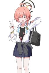 Rule 34 | 1girl, :d, ^ ^, bag, bandaid, bandaid on knee, bandaid on leg, black cardigan, black nails, black shirt, blue archive, blue skirt, blush, braid, cardigan, cardigan around waist, closed eyes, clothes around waist, collared shirt, commentary request, dress shirt, facing viewer, fang, feet out of frame, floral print, hair between eyes, halo, hand up, highres, holding, holding bag, long sleeves, nail polish, nanju bami, neru (blue archive), neru (school uniform) (blue archive), open mouth, pink hair, pleated skirt, print shirt, school bag, school uniform, shirt, simple background, single braid, skirt, smile, solo, undershirt, v, v-shaped eyebrows, white background, white shirt