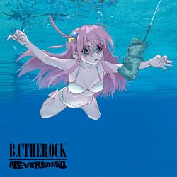 1girl album album_art album_cover album_cover_redraw asphyxiation banknote barefoot bikini blue_eyes bocchi_the_rock! breasts cleavage cover cube_hair_ornament derivative_work diving fish_hook gotoh_hitori hair_ornament hook large_breasts long_hair money navel nevermind nirvana_(band) non-web_source open_mouth pink_hair pool submerged swimming swimsuit underwater very_long_hair water white_bikini
