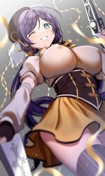 1girl beret black_hat blurry breasts commission corset cosplay covered_erect_nipples detached_sleeves fingerless_gloves from_below gloves green_eyes grin gun hat highres holding holding_gun holding_weapon kazepana large_breasts long_hair looking_at_viewer love_live! love_live!_school_idol_project low_twintails magical_girl magical_musket mahou_shoujo_madoka_magica mahou_shoujo_madoka_magica_(anime) one_eye_closed puffy_short_sleeves puffy_sleeves purple_hair short_sleeves skeb_commission smile solo striped_clothes striped_thighhighs thighhighs tojo_nozomi tomoe_mami tomoe_mami_(cosplay) tomoe_mami_(magical_girl) twintails twitter_username vertical-striped_clothes vertical-striped_thighhighs weapon